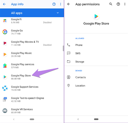 از دسترسی کامل Google play store به برنامه‌ها و حافظه داخلی گوشی اطمینان حاصل کنید
