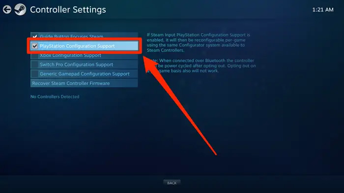 روی گزینه PlayStation Configuration Support کلیک کنید