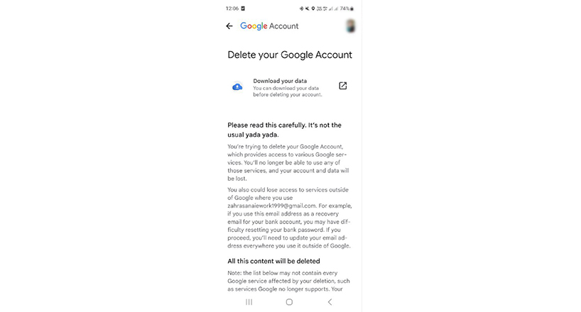 warning delete google account
