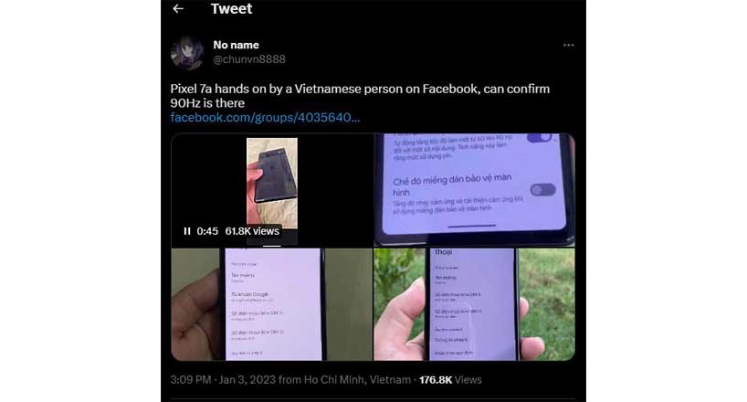 توییتی که در آن نسخه ویتنامی پیکسل 7a رویت شده است