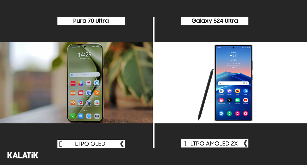 مقایسه صفحه نمایش Pura 70 ultra و S24 Ultra 