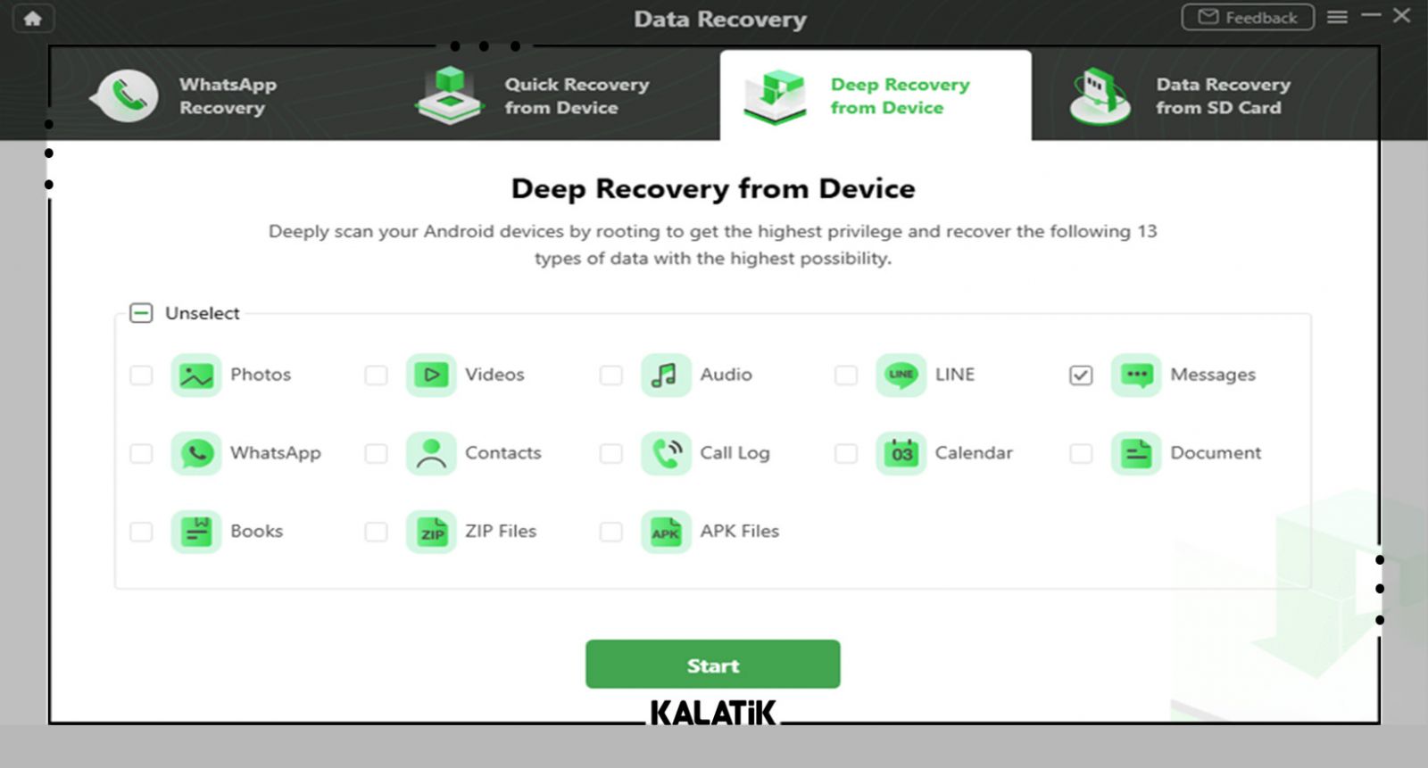 تنظیمات Data Category برای بازیابی اس ام اس های پاک شده اسامسونگ