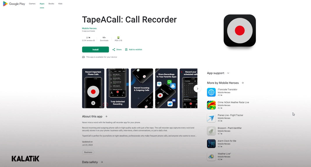 برنامه TapeACall: Call Recorder مناسب برای ضبط مکالمه